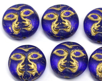 6pc Dark blue Moon face beads Golden wash celestial beads Frosted glass Czech beads 13mm - 1264