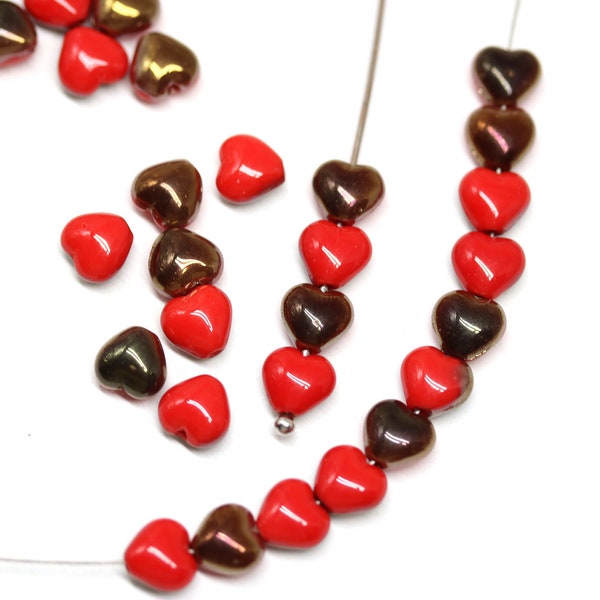 Red heart beads, Copper luster, Czech glass opaque red 6mm hearts pressed beads, 40Pc - 2301