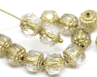 8mm Clear Czech glass cathedral beads Golden ends round fire polished beads 15Pc - 1937