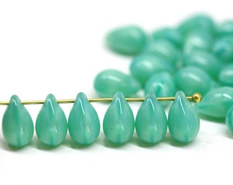 6x9mm Seafoam green czech glass teardrop beads, Jade green top drilled pressed drop beads 40pc - 1118