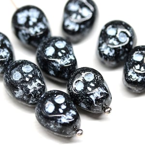 10pc Black Skull Beads: White Wash Czech Glass, Halloween Decor