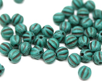 4mm Dark turquoise green round beads, Black stripes, Melon shape czech glass spacer beads 50pc - 1711