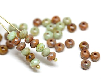 3x5mm Sage green brown Czech glass beads mix, Picasso finish gemstone cut faceted rondels 50Pc - 2849