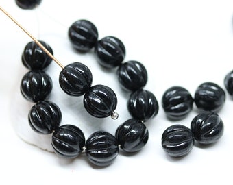 8mm Black czech glass round beads, Melon shape carved beads spacers 20pc - 2956