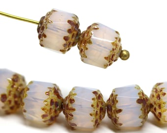 8mm Opal white cathedral czech glass beads, rustic brown ends fire polished faceted ball beads 10Pc - 0714