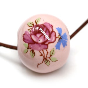 Perline rotonde grandi in ceramica con rose rosa da 20 mm, perline organiche in ceramica greca smaltata, 1 pz - 3074