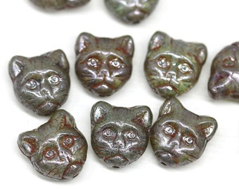 10pc Cat beads, green picasso czech glass feline kitty beads, hole top to bottom - 2143