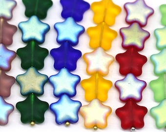 Cuentas de estrella de vidrio checo esmerilado de 12 mm: acabado azul, rojo y AB (15 unidades)