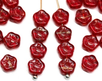 6mm Red flower beads Czech glass flat daisy pressed beads with aventurine, 40pc - 1620