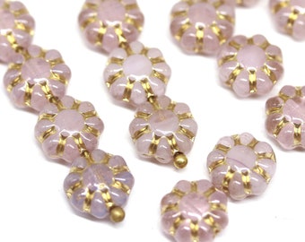 9mm Pale opal pink daisy flower beads Gold wash Light pink Czech glass floral beads 20Pc - 3633