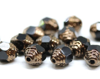 Black cathedral Czech glass barrel bicone beads with golden ends 8x6mm, 15Pc - 5541