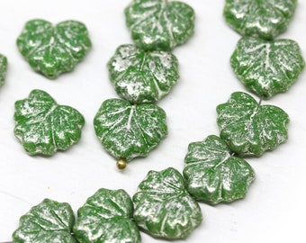 20pc Green leaf beads, Silver flakes wash Czech glass maple leaves pressed beads 11x13mm - 0159