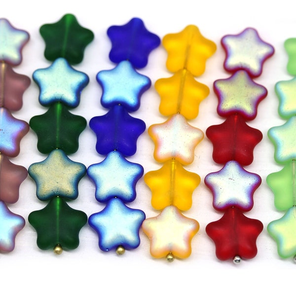 12mm Frosted glass star beads Czech glass pressed beads Blue star Red star AB finish 15pc