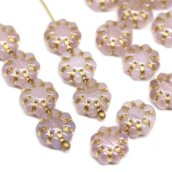 9mm Pale opal pink daisy flower beads Gold wash Light pink Czech glass floral beads 20Pc - 3633