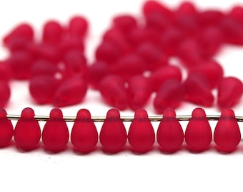 4x6mm Frosted red teardrop beads Czech glass tiny top drilled drops, 50Pc - 5572