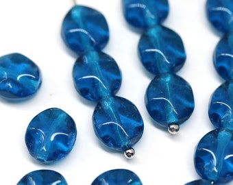 Indicolite blue wavy oval czech beads 9x8mm pressed glass beads for jewelry making, 20Pc - 3272