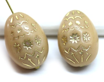 Easter eggs czech glass beads Easter decor Beige bird eggs, Easter decoration, 2Pc - 1915