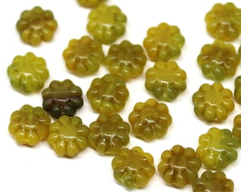 9mm Czech Glass Flower Beads: Dark Yellow Green Floral Beads (30Pc)