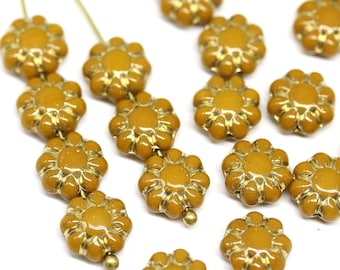 9mm Ocher yellow daisy flower beads Gold wash Czech glass floral beads 20Pc - 3628