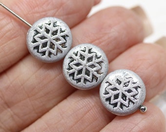 Silver snowflake frosted glass beads Czech glass winter beads for jewelry making 6pc - 3238