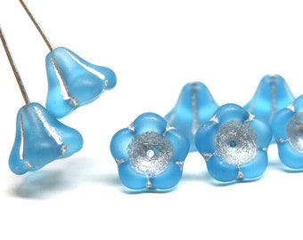 Frosted blue trumpet flower beads 11x13mm Czech glass bell cap puffy flower 6Pc - 5368