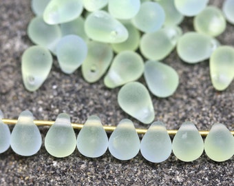 50pc Frosted green tiny czech glass drops 4x6mm seaglass small teardrop beads - 5325