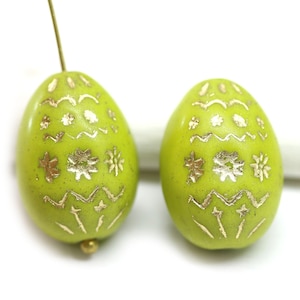 Green Czech Glass Easter Egg Beads: Bird Egg Design (2Pc)
