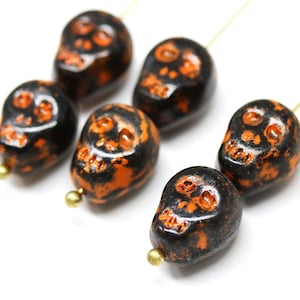 Black Skull Beads: Rustic Orange Czech Glass, Halloween Decor (10pc)