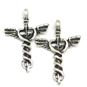 Pode incluir: Dois pingentes de prata em forma de caduceu alado, um símbolo associado à medicina e à cura.
