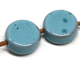 Turquoise Blue Ceramic Coin Beads: Rustic Enamel (2pc)