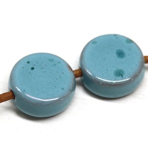 Turquoise Blue Ceramic Coin Beads: Rustic Enamel (2pc)