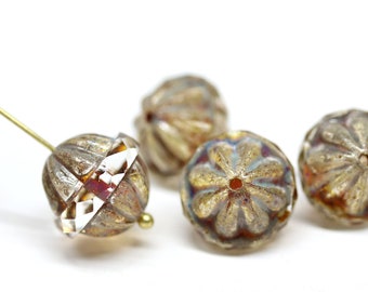 Picasso large fancy bicone beads, Light topaz carved Czech glass fire polished round 12x14mm beads 4Pc - 0552