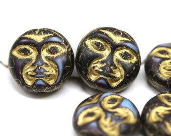 6pc Dark blue Moon face beads Golden wash celestial beads Czech glass tablet beads 13mm - 2640