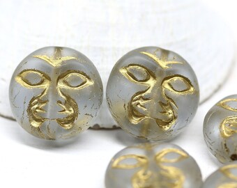 6pc Frosted glass Moon face beads Golden wash celestial beads Clear Czech glass tablet beads 13mm - 0673