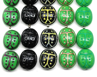 Black ladybug bead Large 13x11mm ladybird Czech glass beads 6Pc