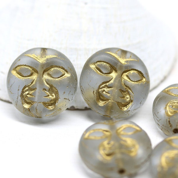 6pc Frosted glass Moon face beads Golden wash celestial beads Clear Czech glass tablet beads 13mm - 0673