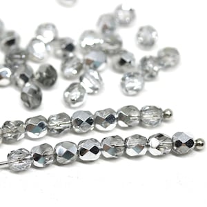 4mm Crystal Clear Czech Glass Beads: Silver Luster, Fire Polished (50Pc)