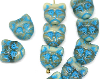 10pc Gray cat beads, mixed color czech glass feline kitty beads, hole top to bottom - 2732