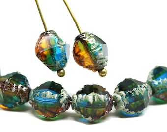 Contas de vidro tcheco polidas com fogo, bicone, azul, verde e amarelo, 10 x 8 mm, Picasso, 8 peças - 5666