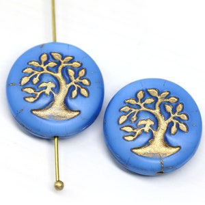 2pc Periwinkle Czech Glass Tree of Life Beads with Gold Wash (19mm)