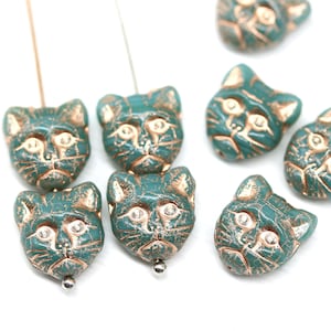 10pc Turquoise cat beads, copper wash czech glass feline kitty beads, hole top to bottom - 3232