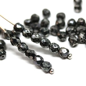 4mm Black Czech Glass Beads: Silver Luster, Fire Polished (50pc)