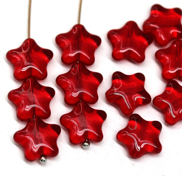 12mm Red star beads transparent red czech glass star beads for jewelry making, 15pc - 5443