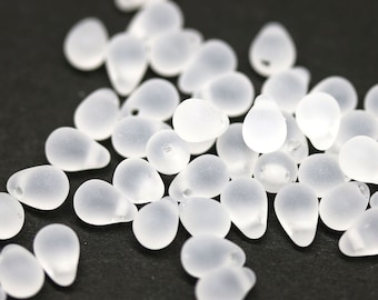 50pc Tiny frosted clear glass teardrops, Matte crystal clear Czech pressed drops 4x6mm - 5074