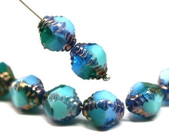 10x8mm Blue green bicone fire polished czech glass beads old patina, 8Pc - 5651