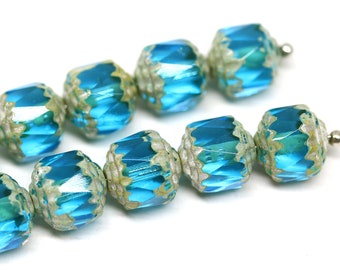 8mm Aqua blue picasso Czech glass cathedral beads, rustic ends blue round fire polished beads 10Pc - 0755