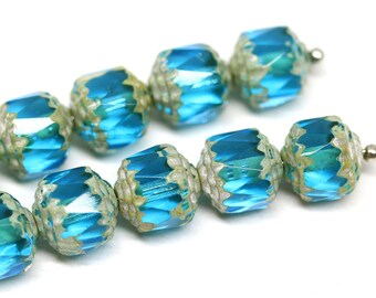 Lot De 6 Perles De Verre De Bohême Anciennes Baroques - 14 Mm - Bleu Indigo - Pour Création Bijoux