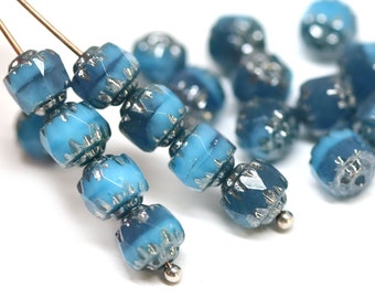 Mixed blue cathedral beads, 6mm czech glass Fire polished round beads, Silver ends 20Pc - 1125
