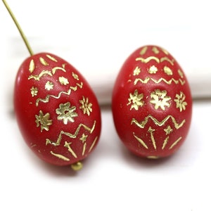 Red Czech Glass Easter Egg Beads: Gold Ornament (2Pc)
