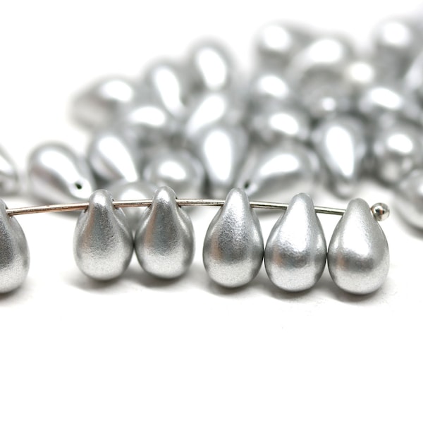 Silver teardrop beads 6x9mm czech glass top drilled pressed drops 30pc - 1831